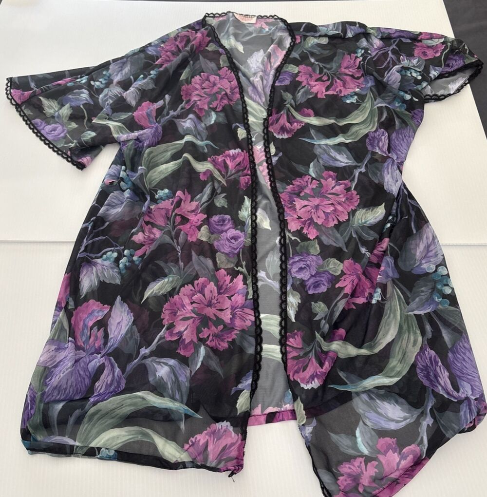 Vintage Carriage Court Floral Sheer Kimono Robe Duster One Size Black Purple